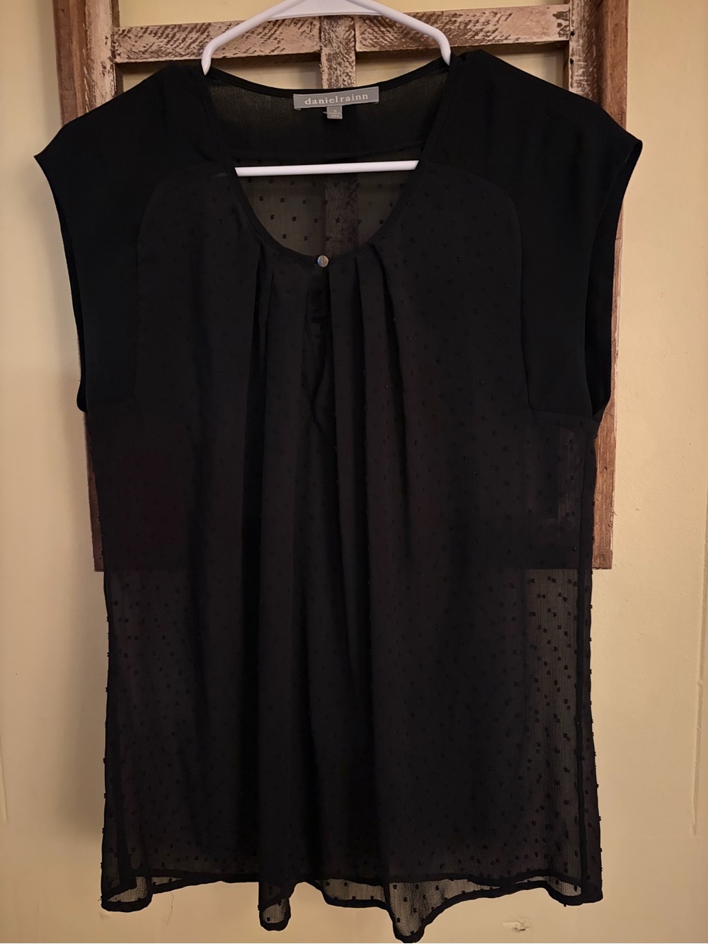 Daniel Rainn Black Cap-Sleeve Swiss Dot Button-Notch Blouse